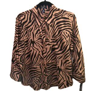 Ralph Lauren Chaps Animal Print Long Sleeve Blouse Chocolate Tan PXL